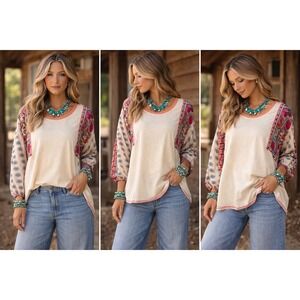 Easel Los Angeles Boho Mixed Media Paisley Floral Balloon Sleeve Top Cream 2X